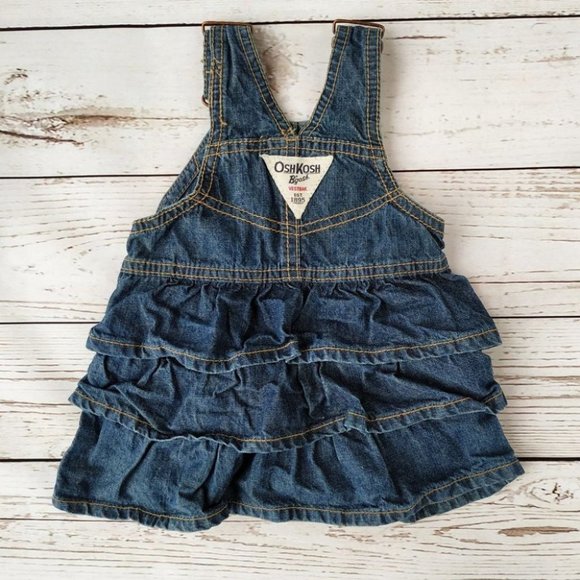 OshKosh Denim Ruffle Overall Dress 3mo Jumper Adjustable Shoulder Tier Vestbak - Picture 3 of 3
